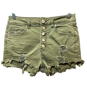 Refuge Olive‎ Green Distressed Button Fly Cutoff Shorts Size 8 Frayed Hem Denim